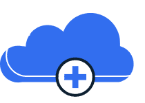 large blue animated cloud graphic with a blue plus sign underneath