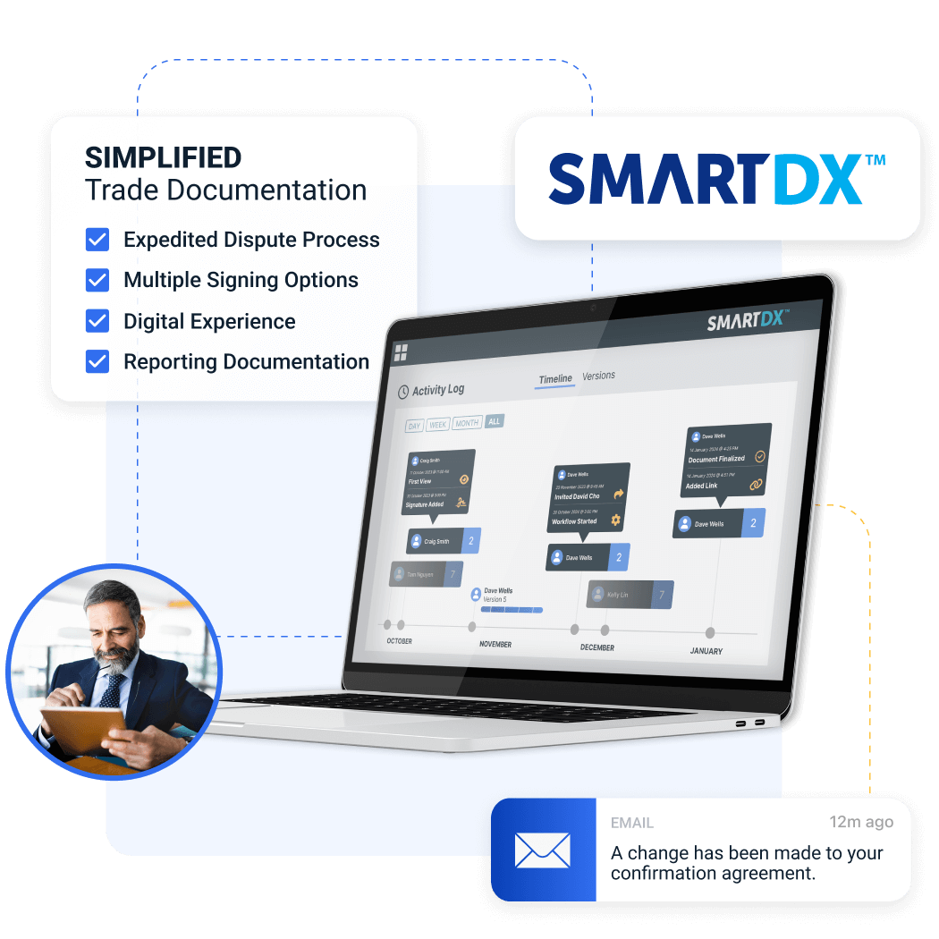 A graphic module that includes: SmartDX logo in two tones of blue in a white box; a laptop open to a screen with SmartDX at the top of the screen; a circle with a middle-aged white man holding a tablet and looking down at it; a graphic of an iOS email notification that says, "A change has been made to your confirmation agreement."